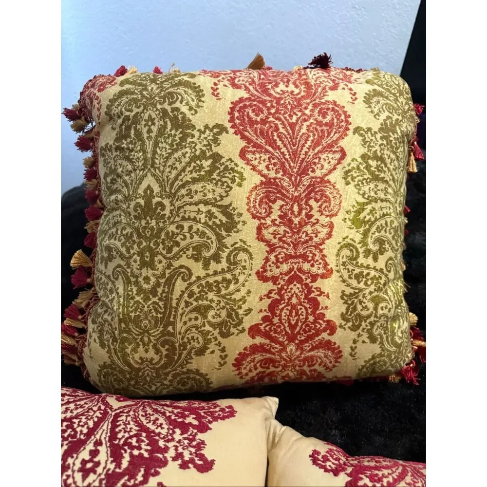 Set of 3 Burgundy and Cream Damask Pillows waverly fringe tassels